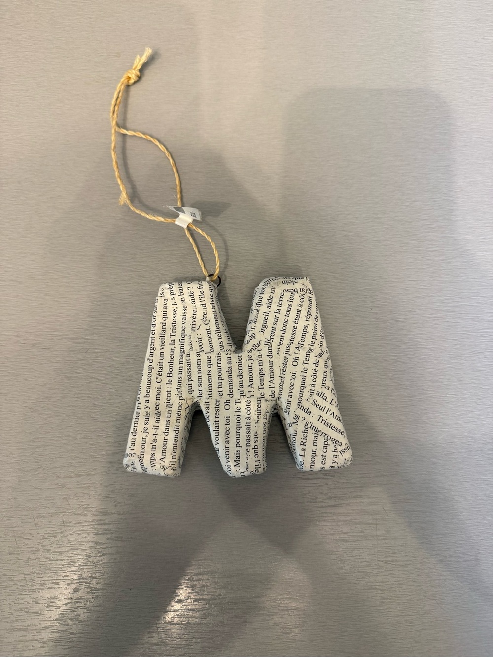 Handmade Letter 'M' Hanging Ornament - Neutral Newspaper Print